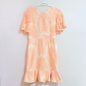 Cream & Pink Lace Dress w Flutter Sleeve & Ruffle Trim Open Back w Pink Tie Bow